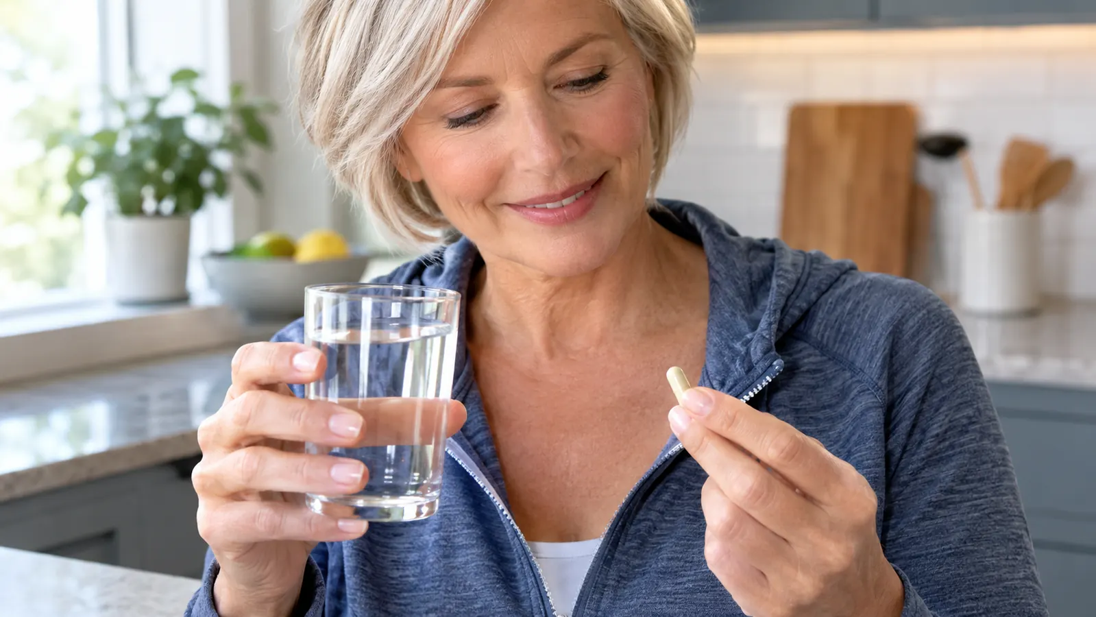 a woman's hand holding a clear glass of water and a single supplement capsule above a kitchen counter
