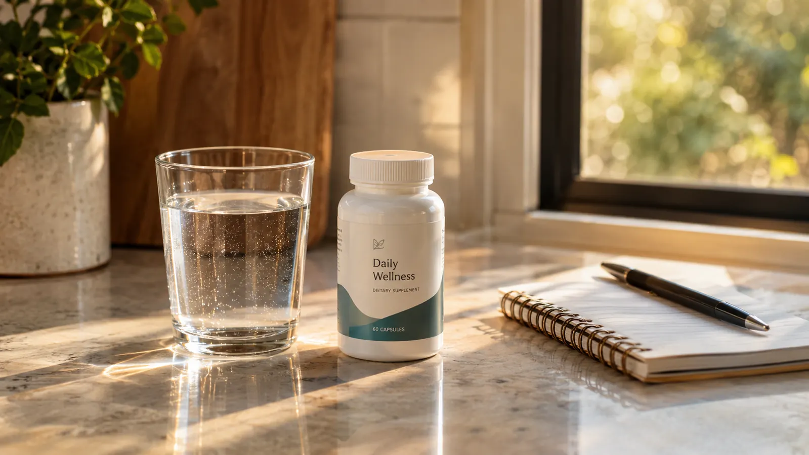 a glass of water and a supplement bottle on a kitchen counter beside a small spiral notebook and a pen in warm afternoon light