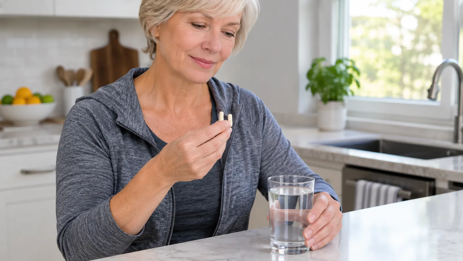A hand holding two small capsules above a glass of water on a kitchen counter