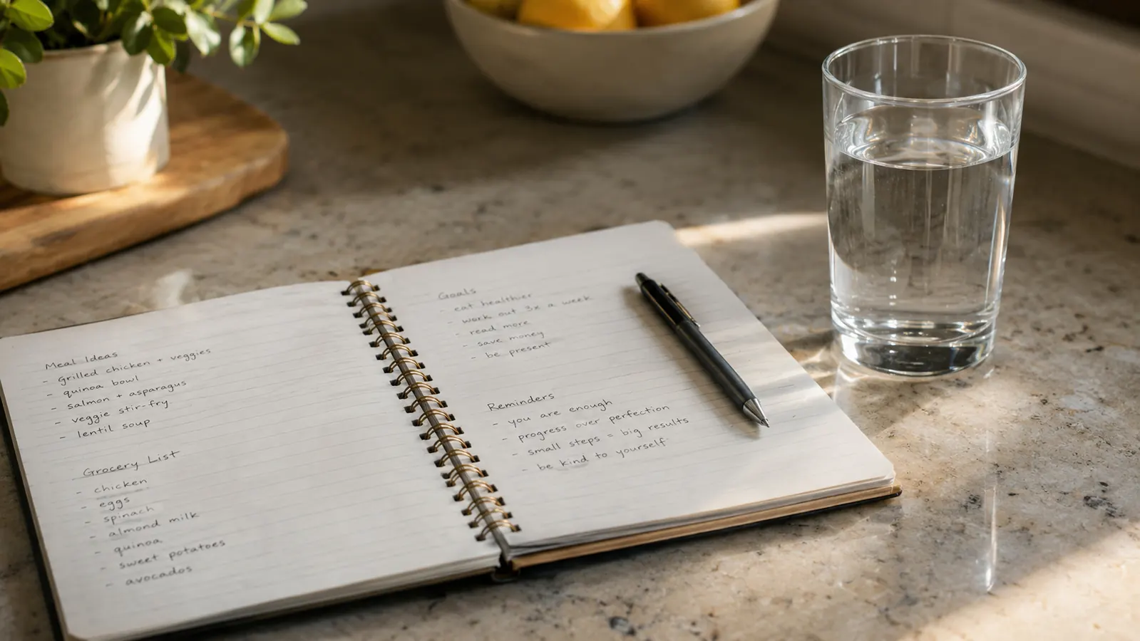 A spiral notebook open on a kitchen counter with a pen, next to a glass of water