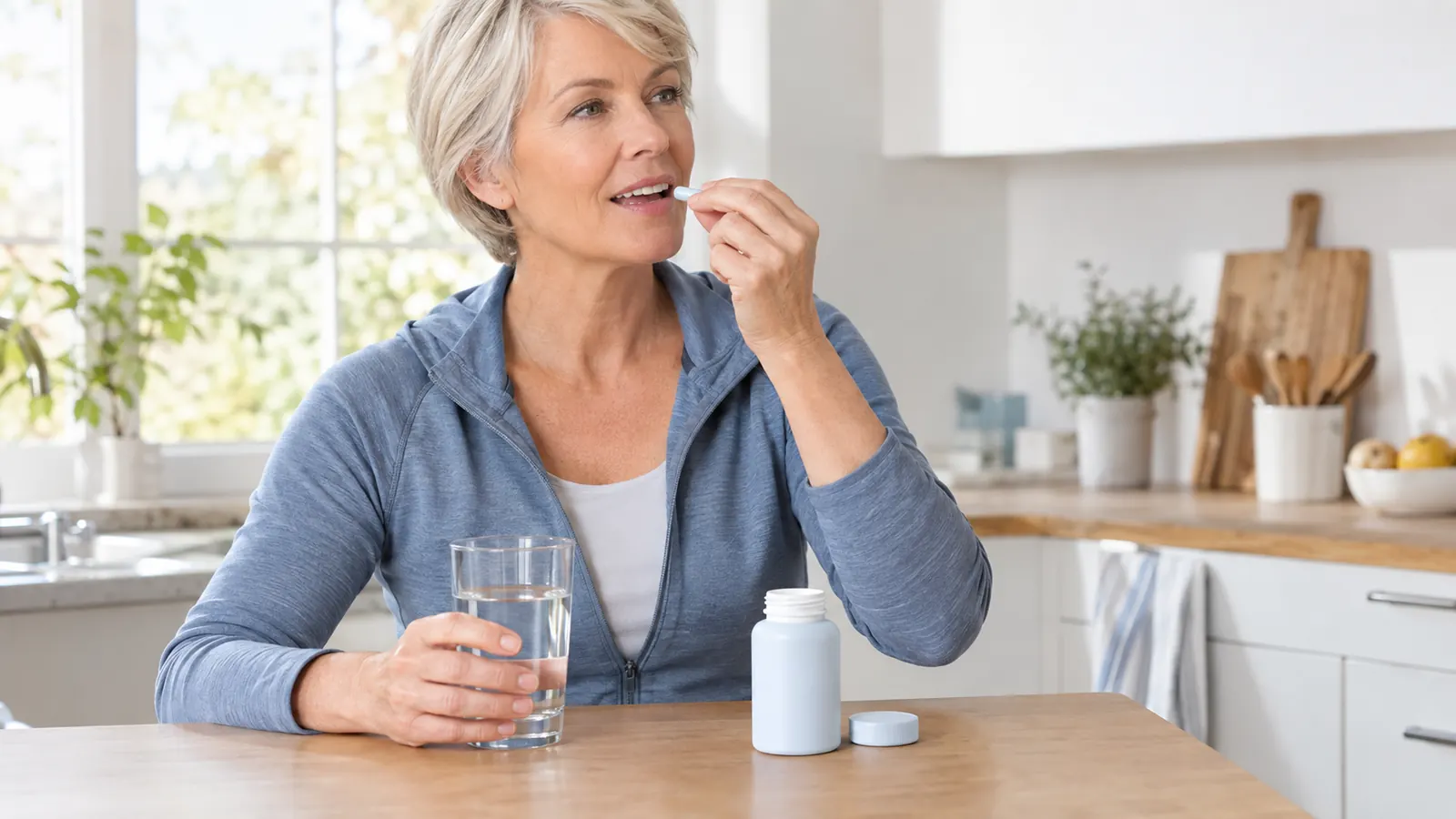 a woman in her late 50s at a kitchen counter taking a capsule with a glass of water