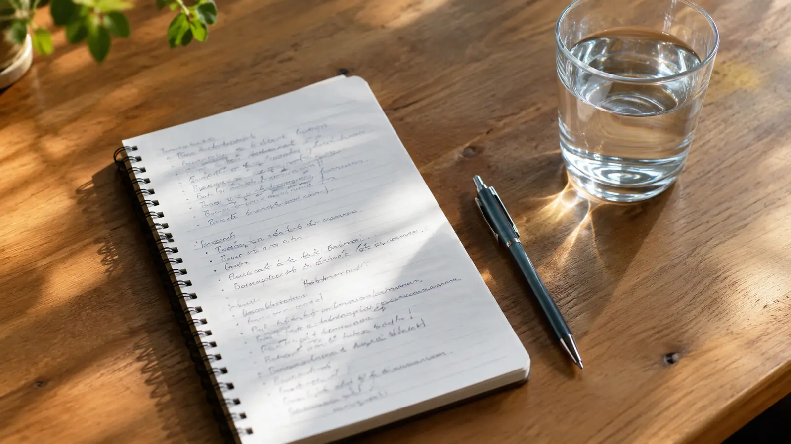 a spiral notebook with handwritten notes and a pen beside a glass of water on a wooden table